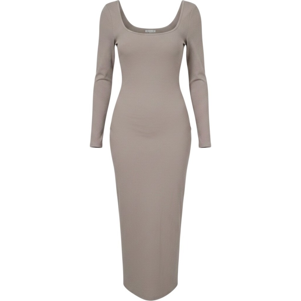 Lelis Collection Small Ribbed Maxi Dress Womens Tan Square Neck Long Sleeve Slit